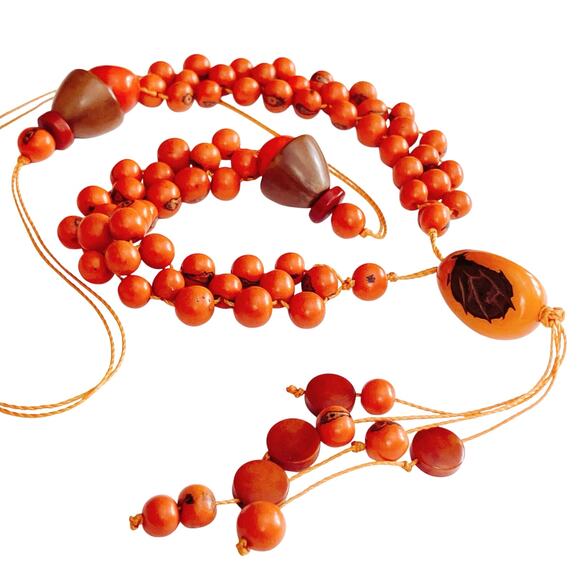 VTG 1970s Tagua Nut Wood Necklace Boho Artisan Long Natural Statement Jewelry - Picture 13 of 13